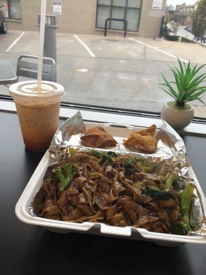 A2-2 Curry Rangoons (4pcs).  SN2. Pad C-Ew with fried tofu, spice level 3/5, and nuts.  Iced Thai Tea (I bought two they were so delicious).