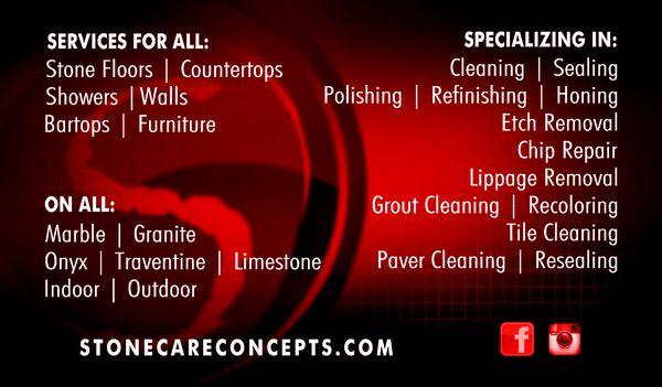 Here is the back of our business card with all of the services we provide.