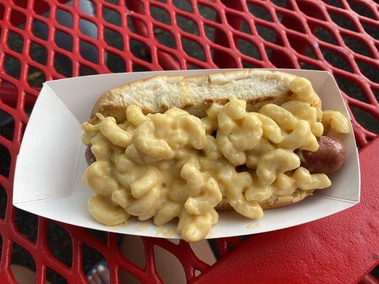 Hot dog with Mac and cheese, additional toppings available