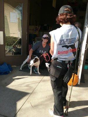 During Hurricane Michael, a FLSARC volunteer helps reunite a displaced dog with his family.