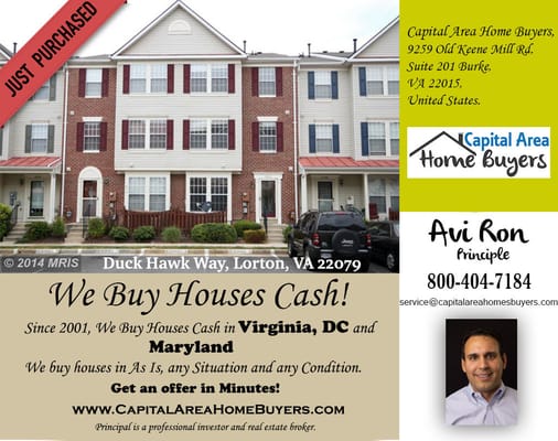 We Recently Purchased Property in Duck-Hawk-Way,-Lorton,-VA-22079
  Contact us to sell your house for cash. Call Now: 800-404-7184