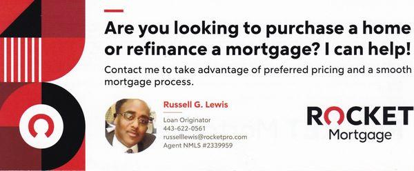 Talk to me about your next home purchase loan or refinancing.  https://apply.rocketpro.com/?nmls=2339959