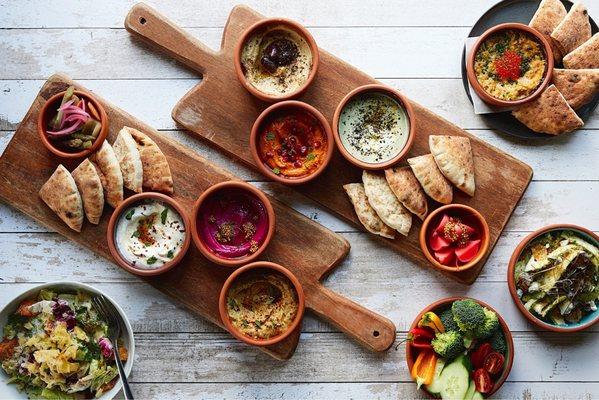 Dips served with pita: babaganoush, labneh, feta, hummus and more!