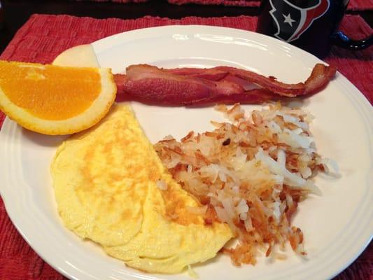 Breakfast at home. Better 'N Eggs, Wright Hickory Smoked Bacon, Simply Potatoes,+ fresh fruit. All ingredients purchased at BB.