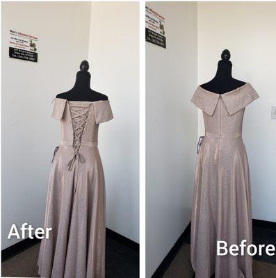 Custom Fit. Adjust Straps, and waistline, Added a gusset with straps to expand and  widening the bodice, and hemline.