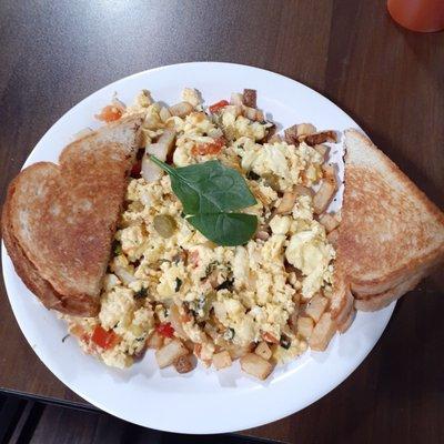 Veggie scramble with breakfast potatoes and toast. Only$5.50!