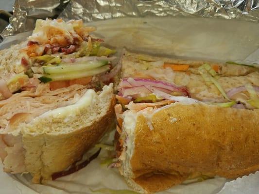 Smoked turked sub loaded w/ shredded veggies: includ. carrot, beets, cukes!  Delicious.