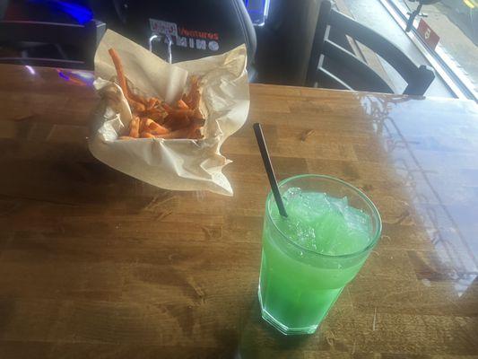 Green Hawaiian Cocktail And Sweet Potato Fries