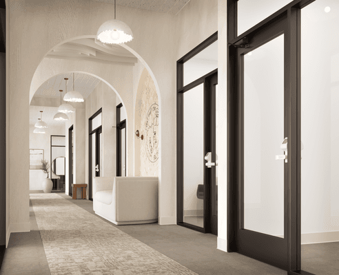 Interior corridor and lobby of Reed + Willow Salon Studios