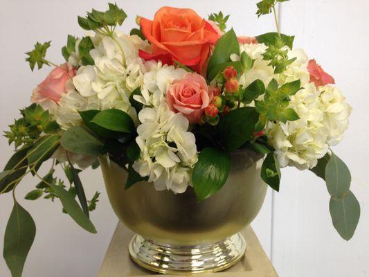 Hydrangeas, Coral and Peach Roses with foliage