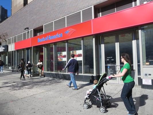 Outside. BofA's corner storefront in the Lower East Side. There are three ATMs in a separate part of the space (BofA card access only).