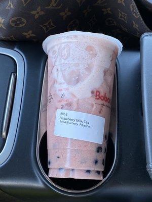 Strawberry Milk Tea with Blueberry Popping Boba and Boba