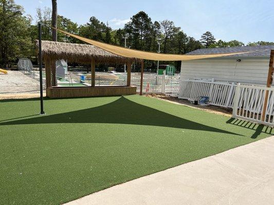 Pool deck area with rain curtain