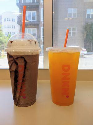 Frozen chocolate (L) and mango pineapple Dunkin' refresher (R).