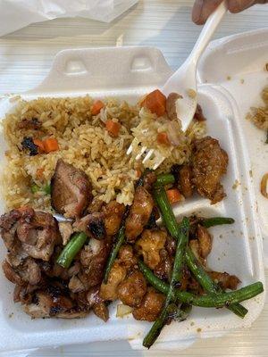 Fried rice, bourbon Chicken, spicy chicken & green beans for $9.25 including tax