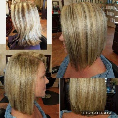 Beautiful hilights and lolights. With a sexy slightly angled bob.