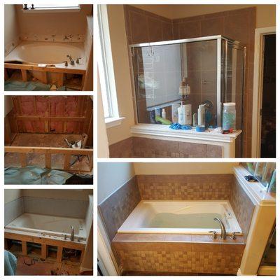 We replaced cracked garden tub with drop in Jacuzzi tub and matched surround to existing shower tile.