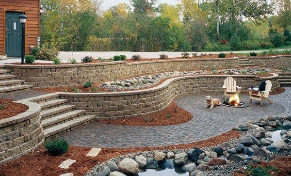 Pavers and Concrete block retaining wall and wood burning firepit.