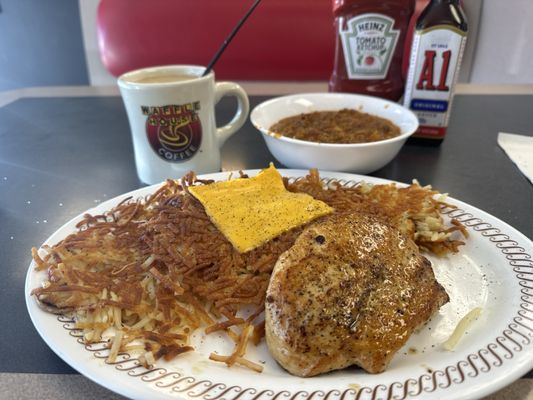 Grilled chicken and hashbrowns with a bowl of chili 03-25-2024