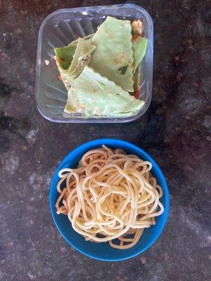 Spinach ravioli (top) and spaghetti (bottom). Even had leftovers for lunch next day after feeding dinner for 4 adults and 2 kids. :)