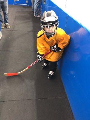 4 year old Eli getting ready for Fundamentals of hockey!!!