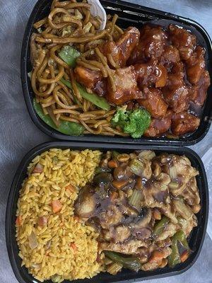 Vegetable lo mein with orange chicken + combo fried rice with Kung pao chicken