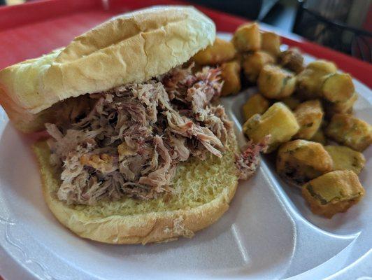 Pork sandwich lunch special, with fried okra