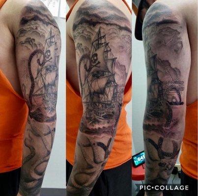 Kraken and pirate ship tattoo by Jordan Yamamoto