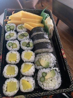 Clockwise: tamago sashimi, Vegetable Roll *1, Oshinko Roll, Asparagus Roll *2