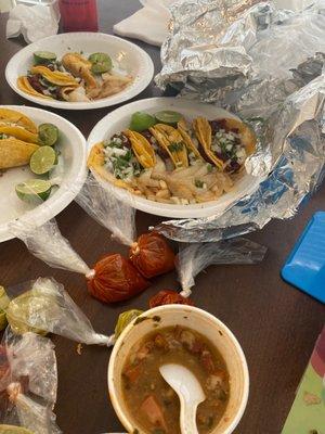 Tacos Al pastor and loaded charros beans with grilled beans