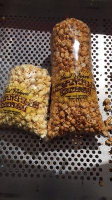 Kettle corn and caramel corn and shave ice