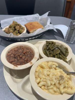 Okra, pintos, Mac n cheese, green beans