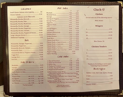 Pizza and Subs menu 1 of 2 (prices not current)