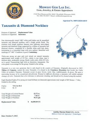 Midwest Gem Lab Tanzanite & Diamond Necklace Appraisal