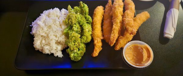 Jamey's Special Wild Caught Rock Shrimp Tempura w/garlic chili aioli, broccoli florets and jasmine rice