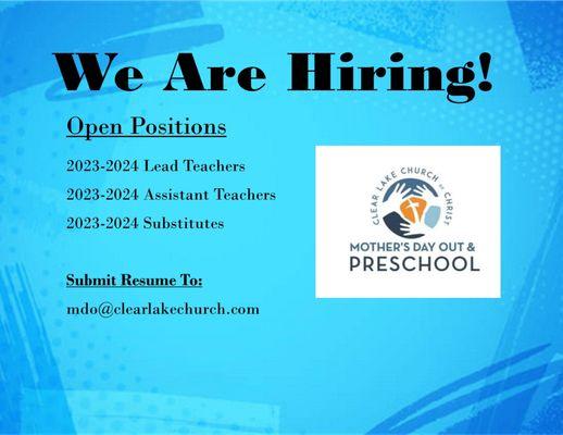 We are hiring or the 2023-2024 school year! All positions available. Tuesdays and Thursdays perfect for parents of school age kids