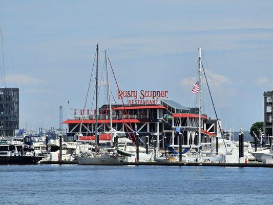 A restaurant on the other side of the harbor