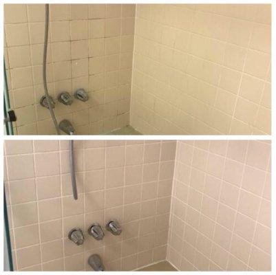 Tile and grout before and after cleaned by Super Maids