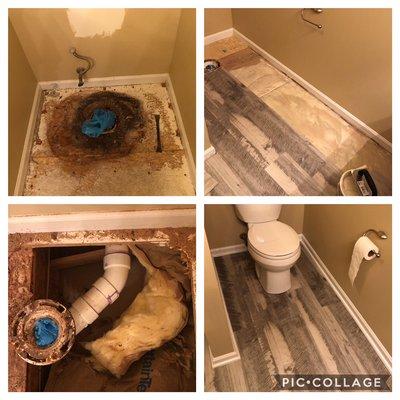 Floor rot under toilet repaired and installed vinyl plank flooring