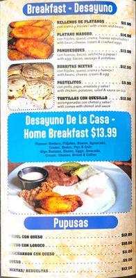 In this section you can find our famous pupusas  of the flavor you like, fried ripe plantains , burritas mixtas, and the house breakfast