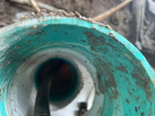 Auger main waste line from outside over 100 feet.