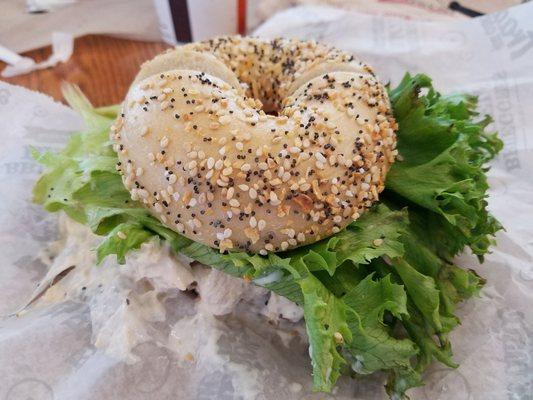 Tuna on an everything  bagel.