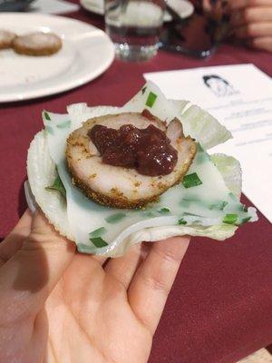 Yakitori Xinjiang lamb belly with pomegranate ssamjang at Lazy Susan pop-up on 11.1.2018.