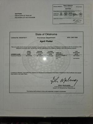 State Of Oklahoma Health and Life Insurance License.