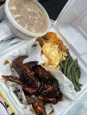 Jerk wings, Mac & cheese, string beans, mash & gravy.