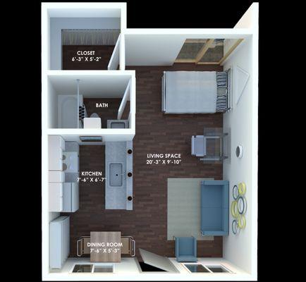 Studio floor plan with dimensions