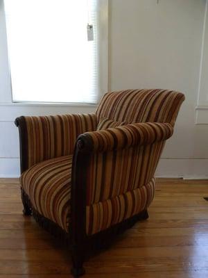 Antique rebuild and reupholstered chair in stripped velvet by Lee.