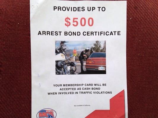 Provides Up To $500 Arrest Bond Certificate Your Membership Card Will Be Accepted As Cash Bond When Involved in Traffic Violatio