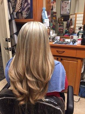 Blond highlights with dirty blond lowlights & longer cut / blowout