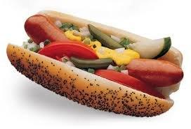 Chicago's Famous Hot Dog,  On poppy seed bun with tomatoes, onions, sport peppers, kosher pickle, relish topped with mustard